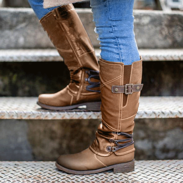 High leather boots for women with decorative buckles and elastic straps Lune London