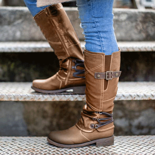 High leather boots for women with decorative buckles and elastic straps Lune London