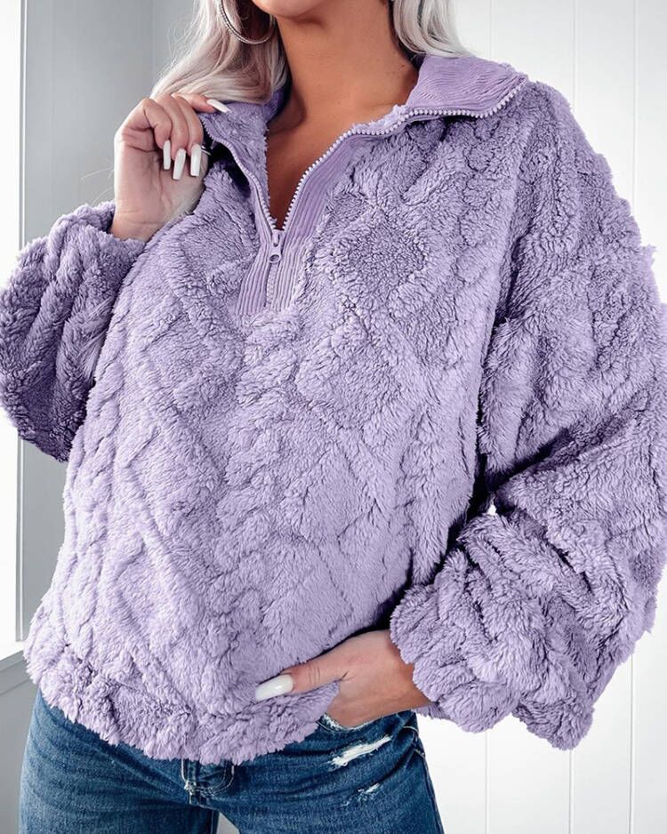 Cozy fleece sweater for women with half-zip and puff sleeves Lune London
