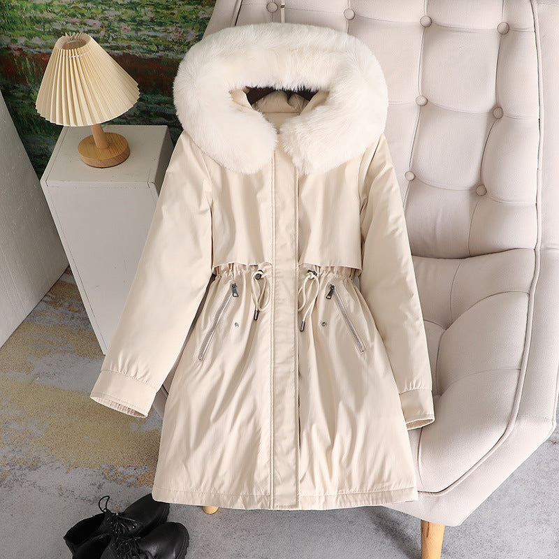 Ladies elegant winter coat with removable faux fur collar and adjustable drawstring at the waist Lune London