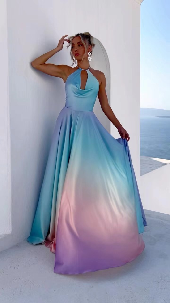 Women's A-line maxi dress with deep keyhole neckline and shimmering fabric