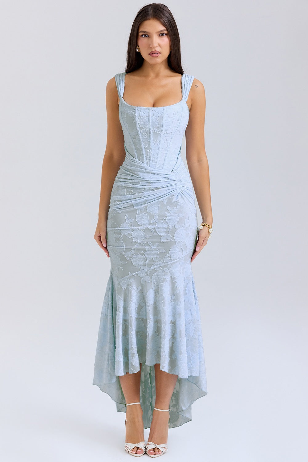 Elegant Boat Neck Maxi Dress for Women with Floral Texture and Chic Asymmetric Hem