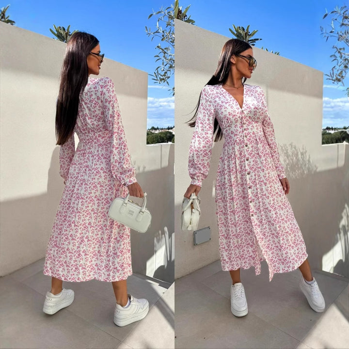 Elegant maxi dresses for women with floral patterns and button details Lune London