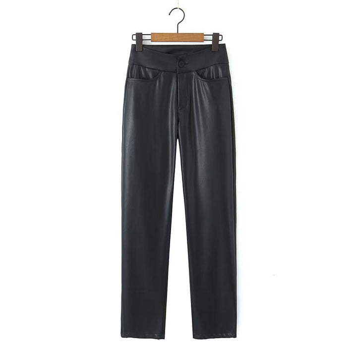 Synthetic leather slim fit pants for women with practical pockets Lune London