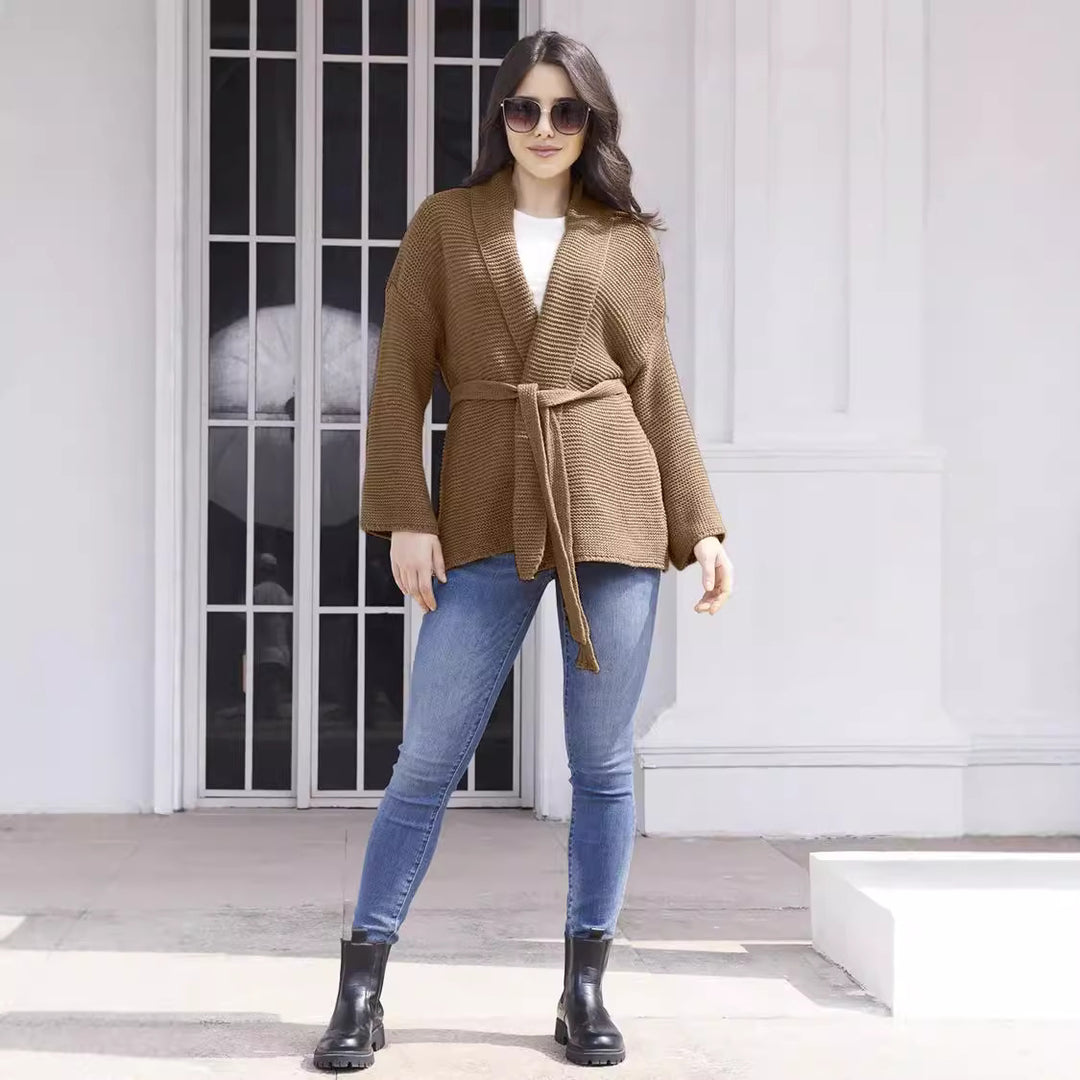 Ladies elegant knitted cardigan with belt and soft material Lune London