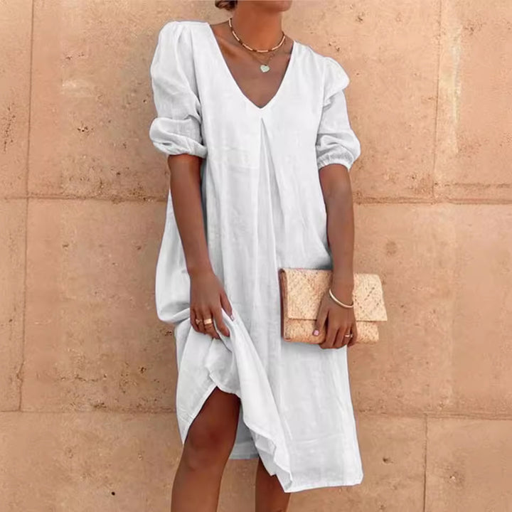 Casual linen dress for women with V-neck and puff sleeves Lune London