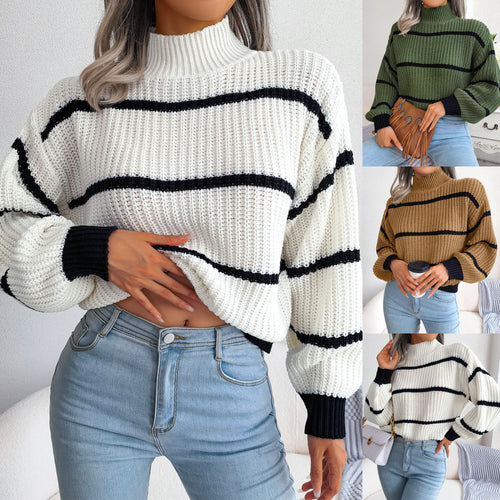 Comfortable knitted sweater for women with turtleneck and trendy striped pattern Lune London
