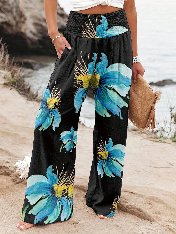 Loose summer pants for women with floral print and elastic waistband Lune London