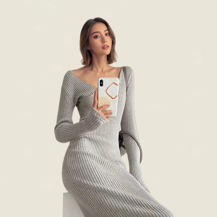 Lune London long sleeve knitted dress for women with asymmetric neckline