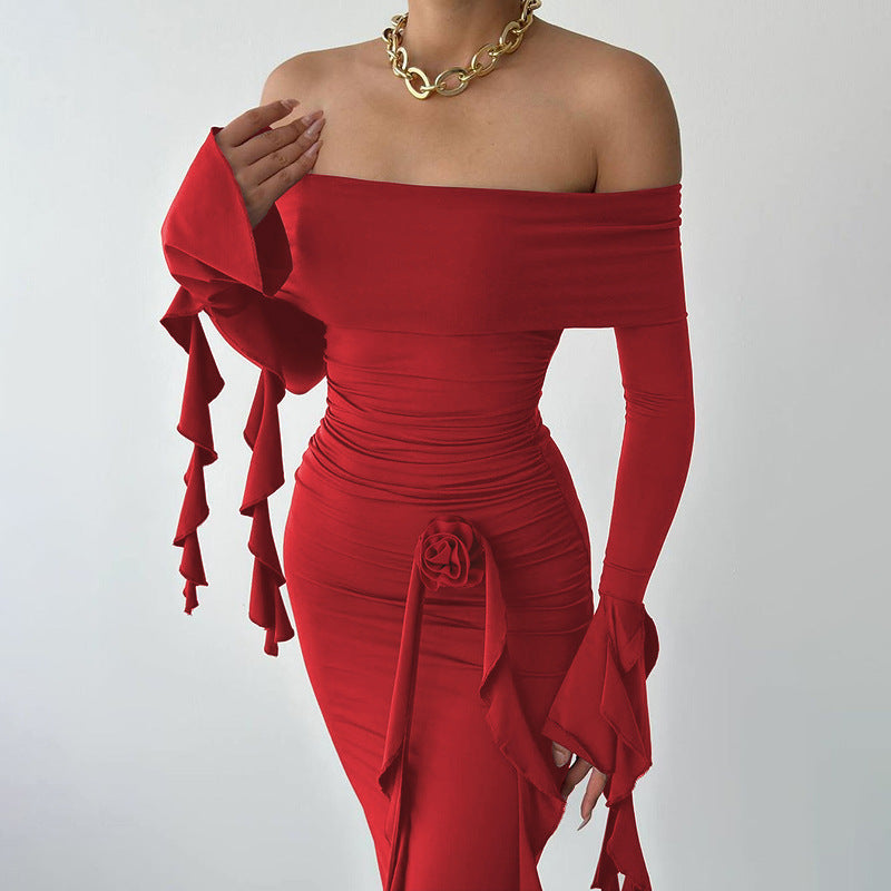 Elegant Women's Fashion Off-Shoulder Long Maxi Dress with Ruffle Details and Chic Fitted Silhouette