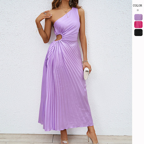 Maxi pleated dress for women with asymmetric strap and elegant cut Chic & Stil
