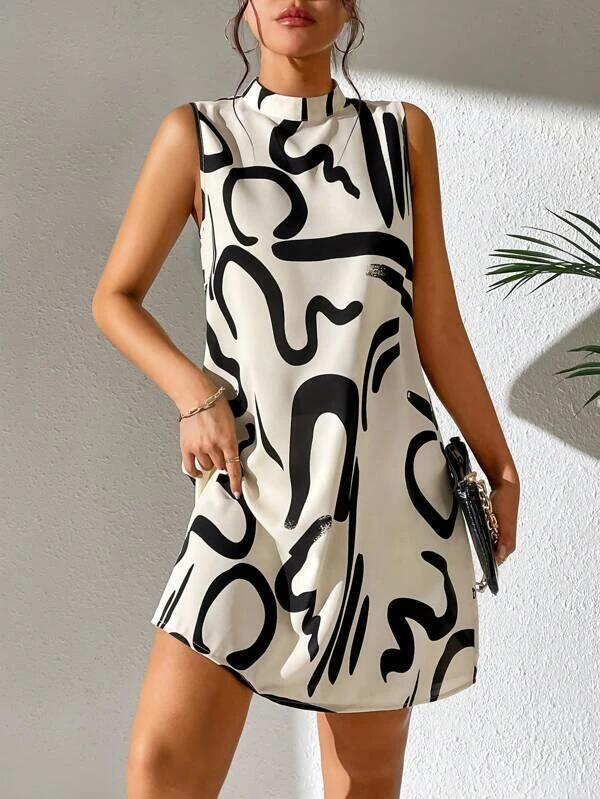 Mini A-line dress for women with modern graphic pattern and high collar Lune London