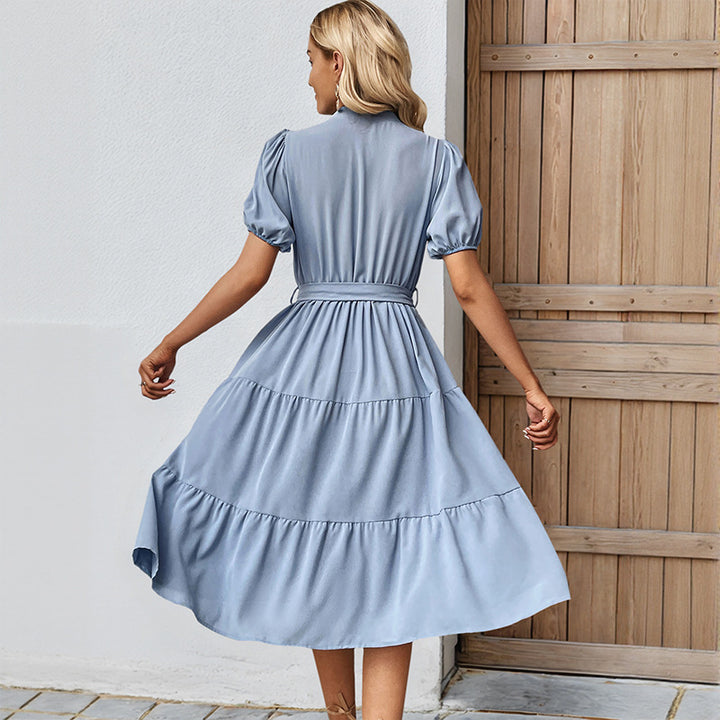 Women Pleated Midi Dress with Chic Waist Belt and Style