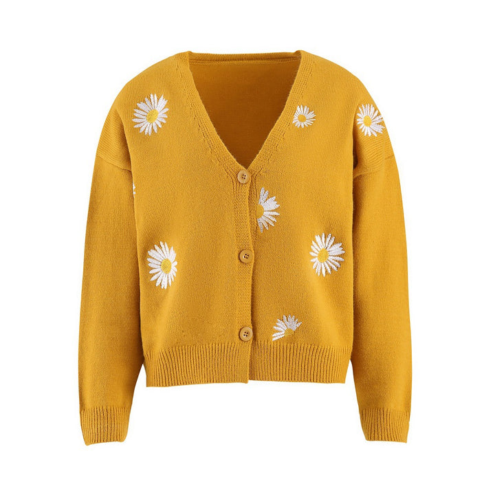 Knitted jacket for women with floral embroidery and V-neck Lune London