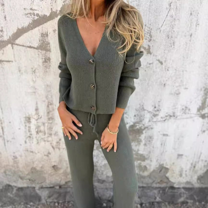 Knit set for women with V-neck and button details Lune London