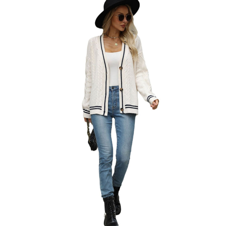 Casual knitted cardigan for women with structured cable knit pattern and decorative buttons Lune London