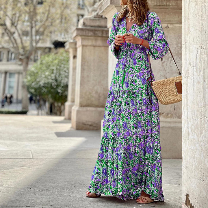 Maxi dress for women with knotted V-neck and voluminous sleeves Lune London