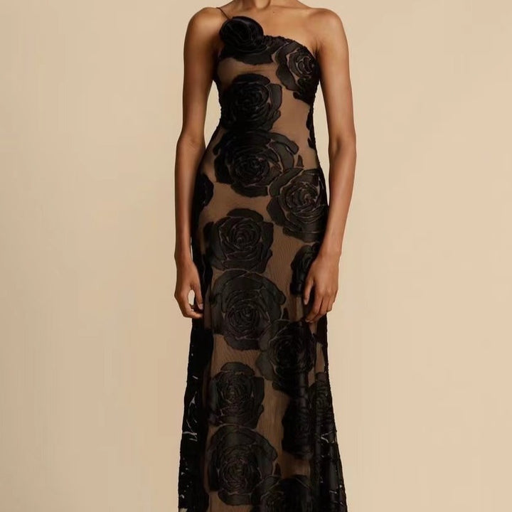 Women's Elegant Maxi Dress with Floral Sheer Design and Slim Straps