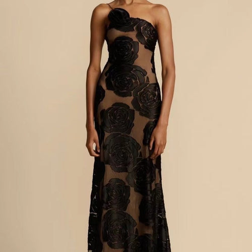Women's Elegant Maxi Dress with Floral Sheer Design and Slim Straps
