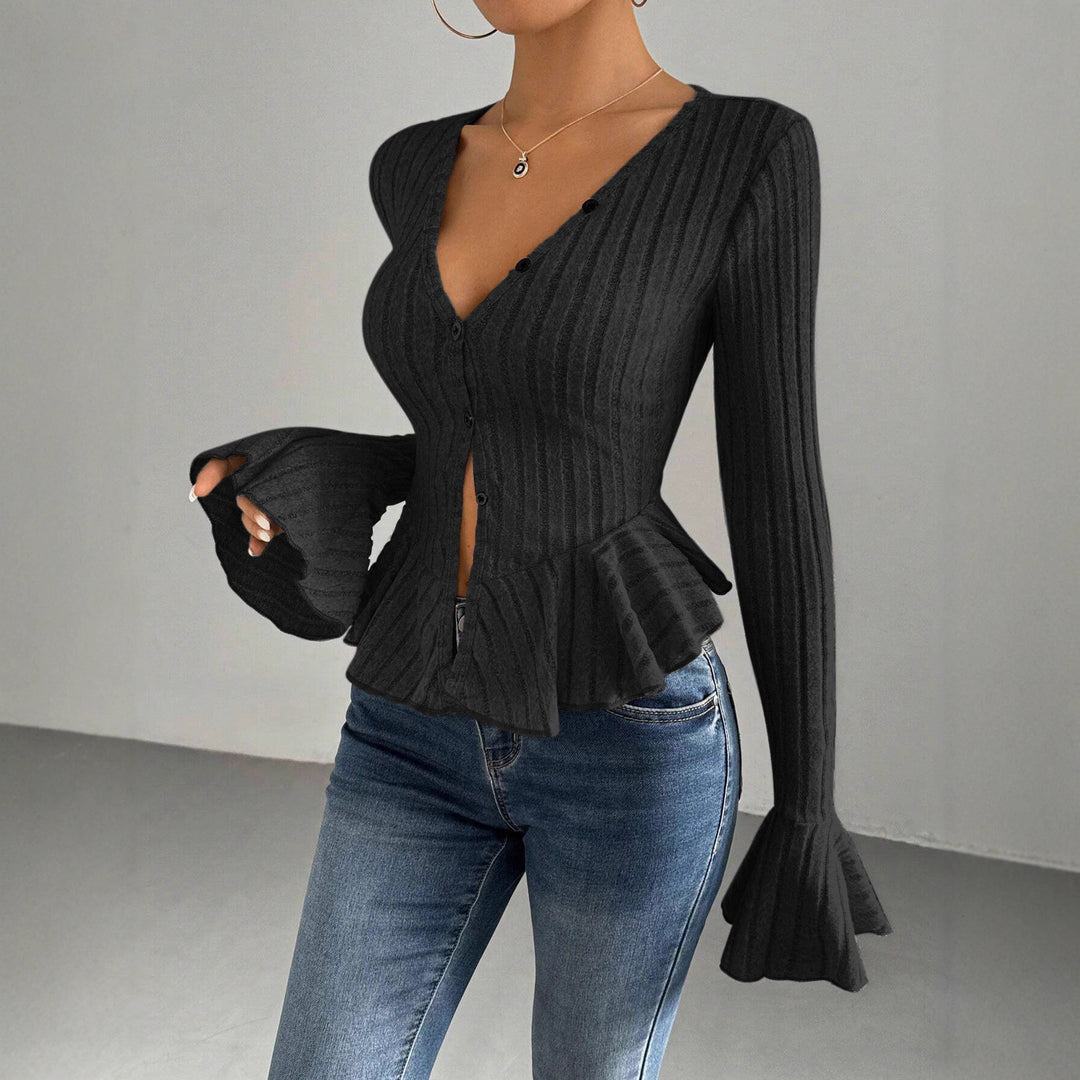 Lady knit top with refined pleated design and button placket Lune London