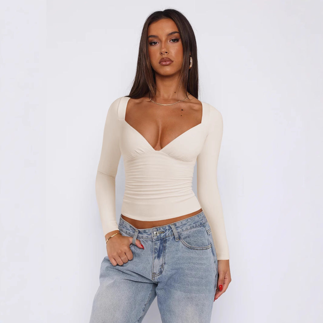 Women Fitted Long-Sleeve Top with V-Neckline and Gathers Lune London