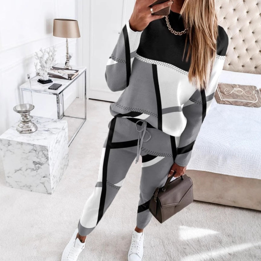 Ladies Stylish Leisure Set with Geometric Pattern and Chic Cut