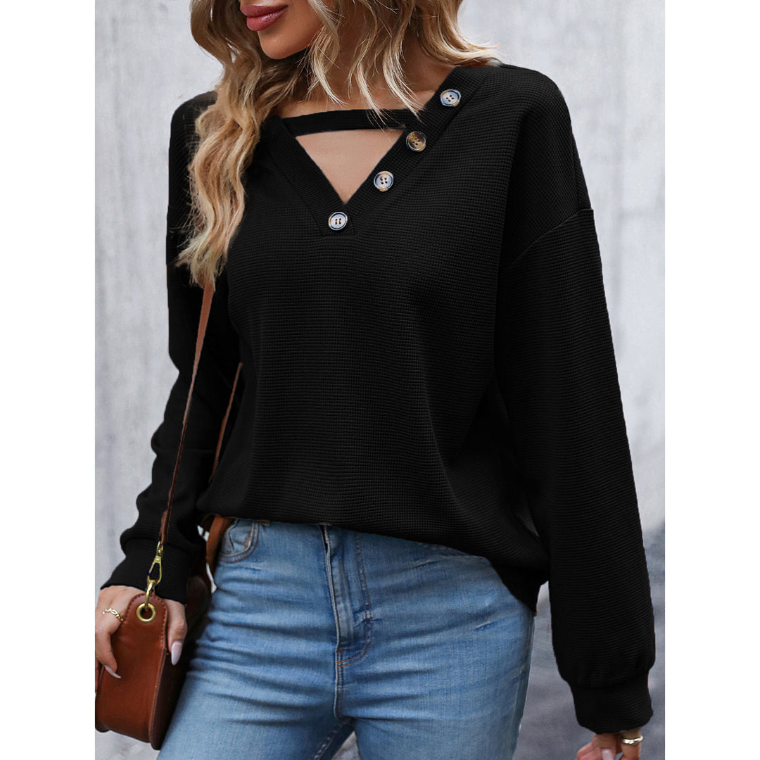 Ladies Casual Hoodie with Decorative Buttons and Deep V-Neck Lune London