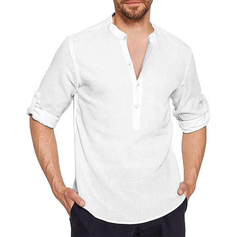 Men's linen shirt with modern high collar and classic button placket Lune London