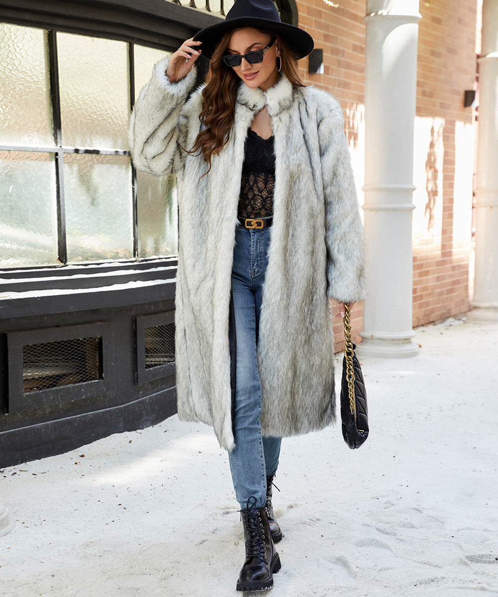 Ladies Long faux fur coat with high collar and pockets Lune London