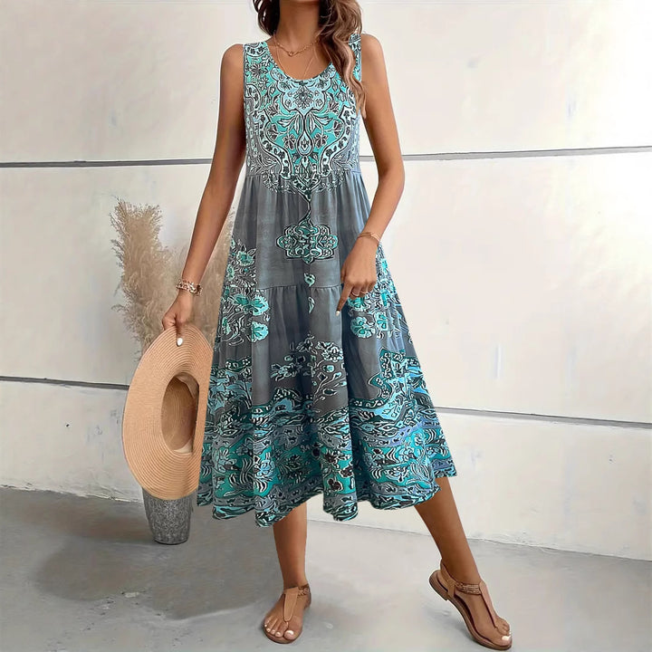 Maxi dress for women with playful ethnic pattern and fluid cut Lune London