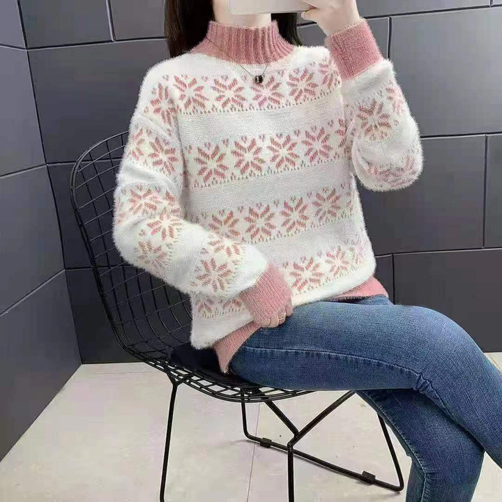 Knit sweater for women with a modern snowflake pattern and high collar Lune London