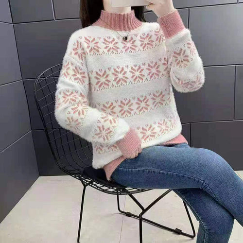 Knit sweater for women with a modern snowflake pattern and high collar Lune London