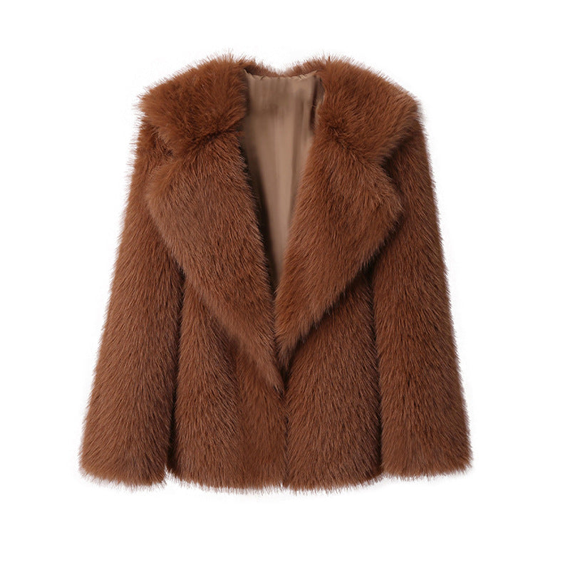 Ladies Elegant Synthetic Fur Jacket with Soft Collar and Trendy Chic Cut and Style