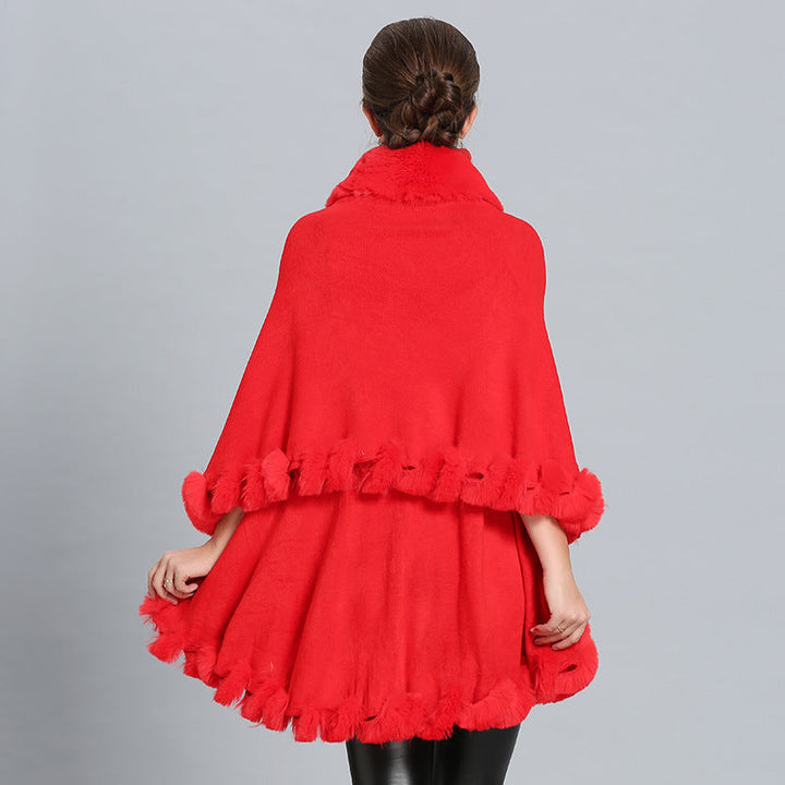 Ladies hooded poncho with luxurious fur collar and elegant trim Lune London