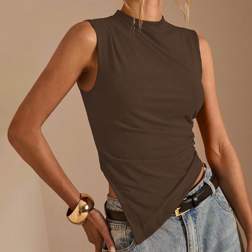 Women Elegant Asymmetrical Top with High Neck and Draped Chic & Style