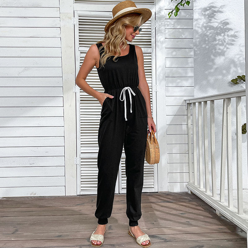Ladies Casual Sleeveless Jumpsuit with Adjustable Cord Belt Lune London