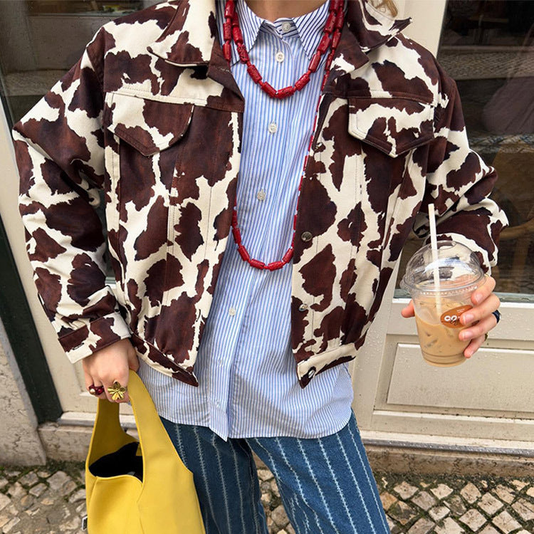 Faux leather jacket for women with a modern design in cow print Lune London