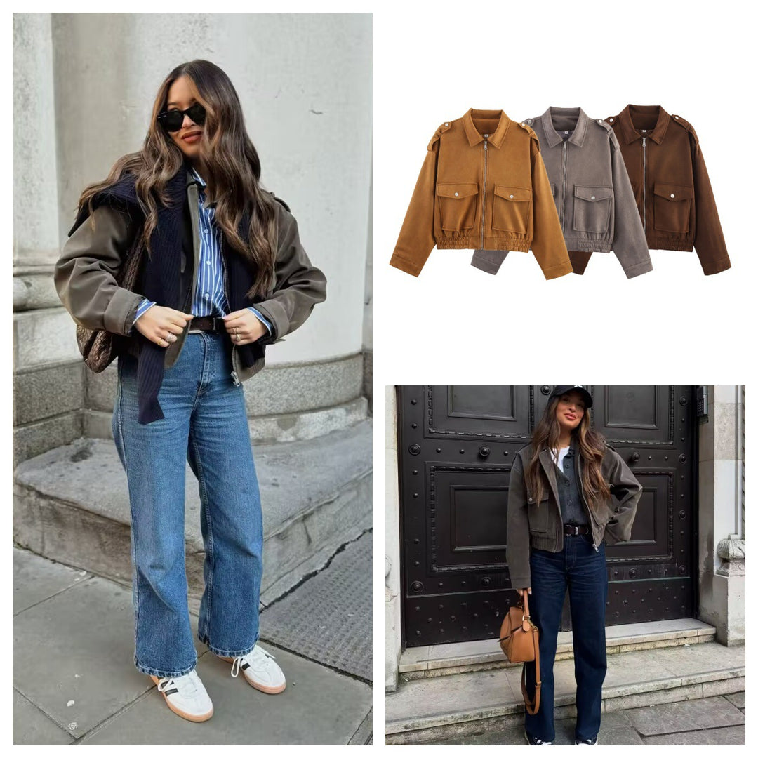 Ladies casual faux leather bomber jacket with practical pockets Lune London