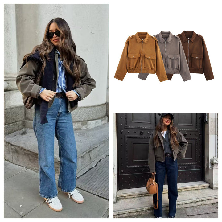 Ladies casual faux leather bomber jacket with practical pockets Lune London