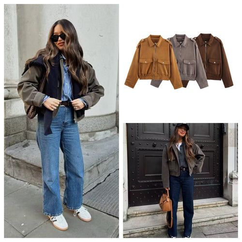 Ladies casual faux leather bomber jacket with practical pockets Lune London
