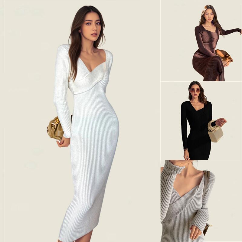 Lune London long sleeve knitted dress for women with asymmetric neckline