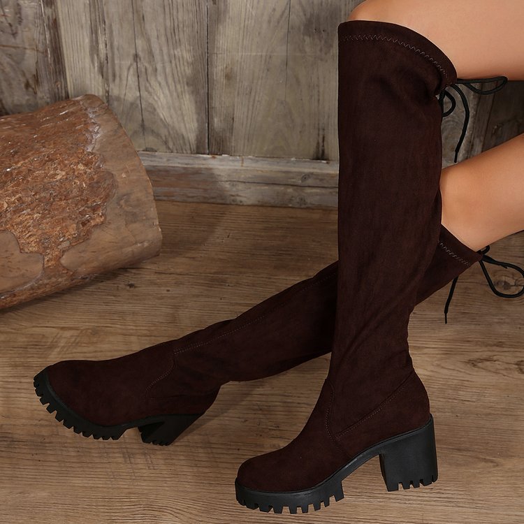 Knee-high boots for women with a stylish leopard print and a chunky block heel Lune London