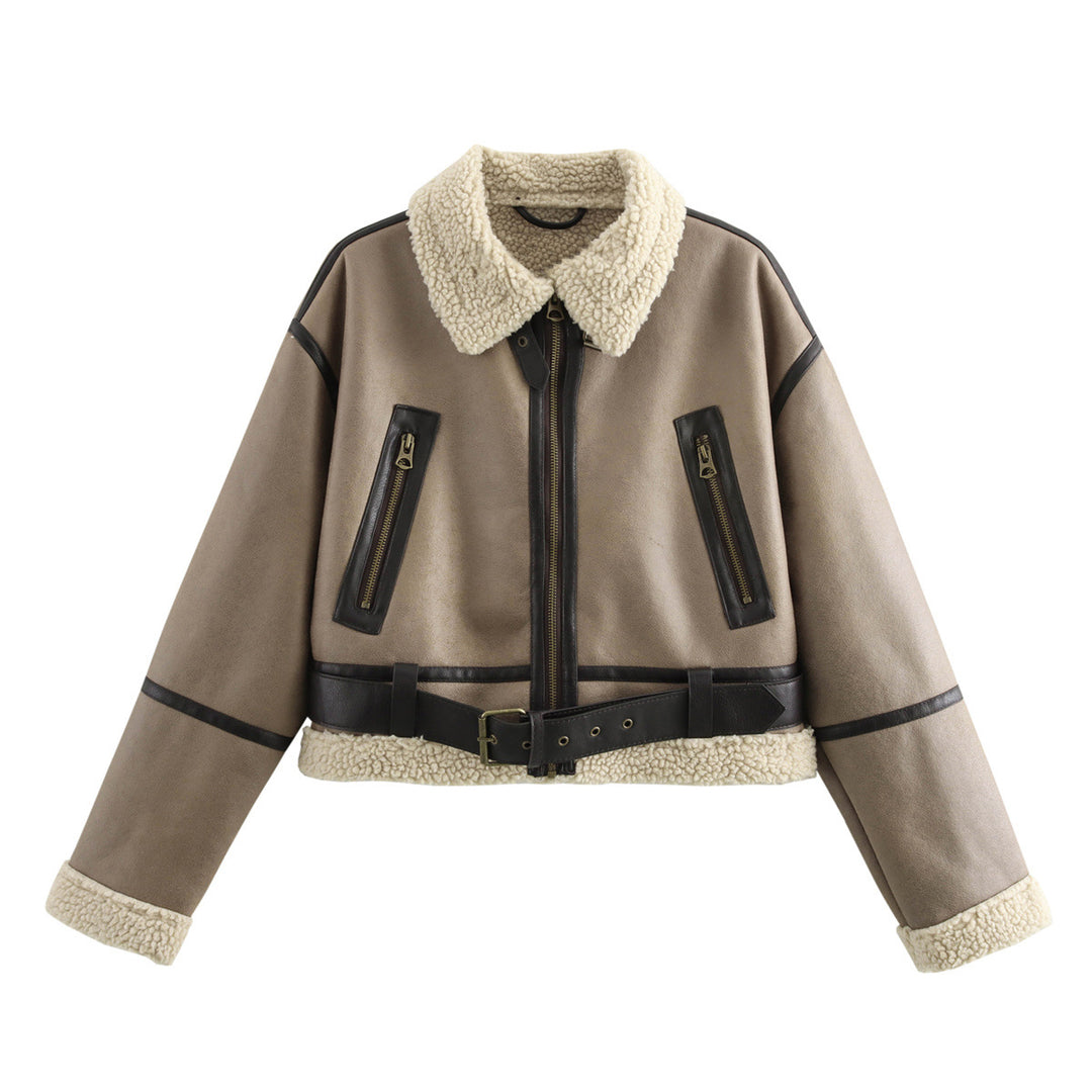 Casual leather jacket for women with faux fur collar and adjustable belt Lune London