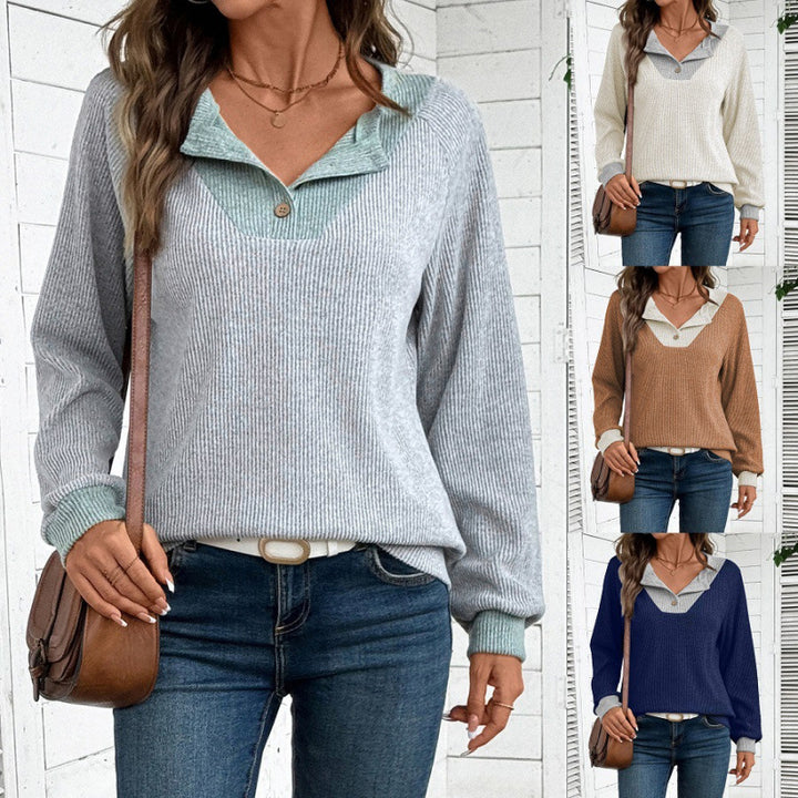 Long casual long-sleeve sweater for ladies with shirt collar and decorative cut Lune London