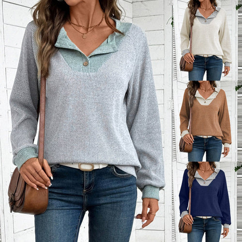 Long casual long-sleeve sweater for ladies with shirt collar and decorative cut Lune London