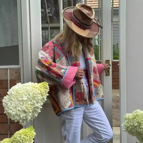 Quilted patchwork jacket for women with a colorful design and practical pockets Lune London