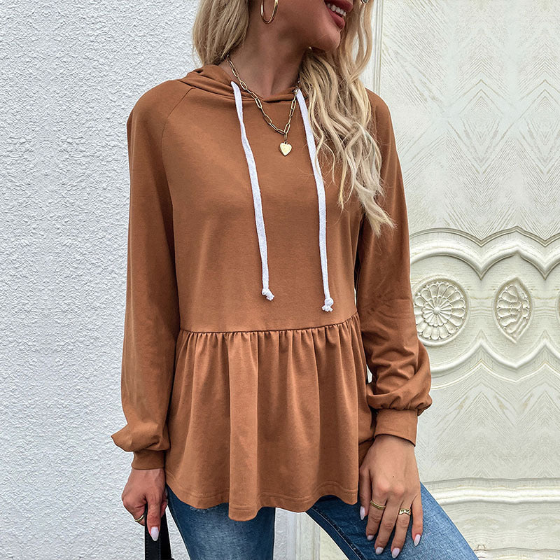 Casual hooded blouse for women with asymmetric cut and ruffle details Lune London