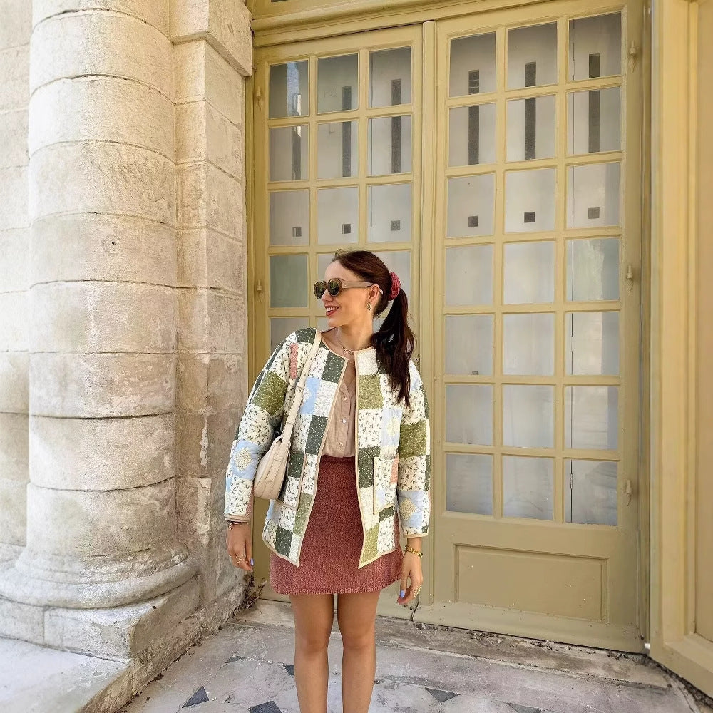 Quilted patchwork jacket for women with practical pockets Lune London