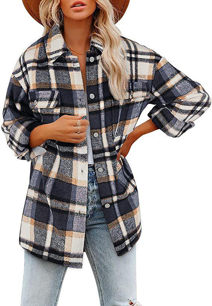 Oversized shirt jacket for women with check pattern and practical pockets Lune London