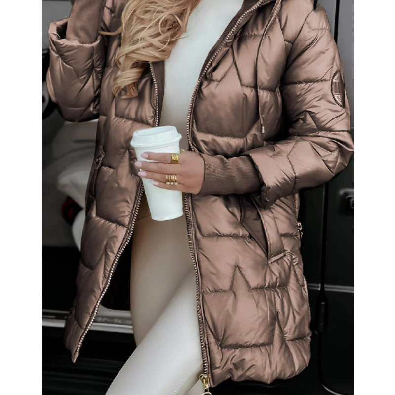 Ladies Longline down jacket with removable hood lining and side zip pockets Lune London